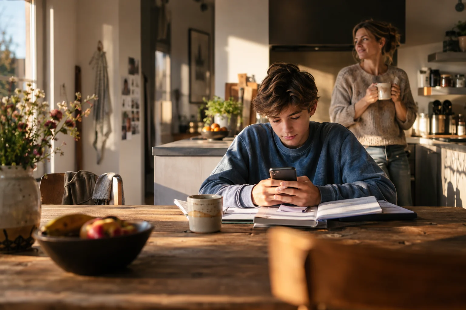 A teenager studying independently at the kitchen table while his mother enjoys tea in the background.