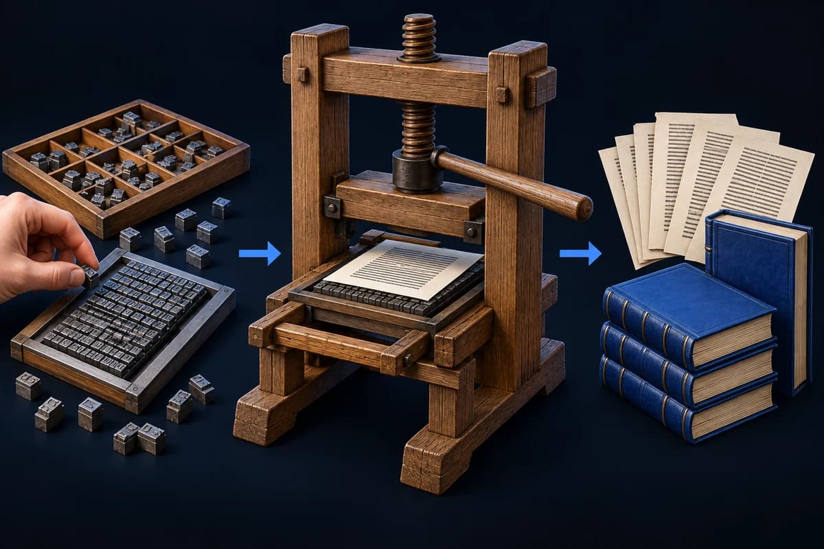 Losse metalen letters worden in een pagina gezet. Een houten drukpers drukt de tekst op papier. Zo ontstaan meerdere pagina’s en boeken.