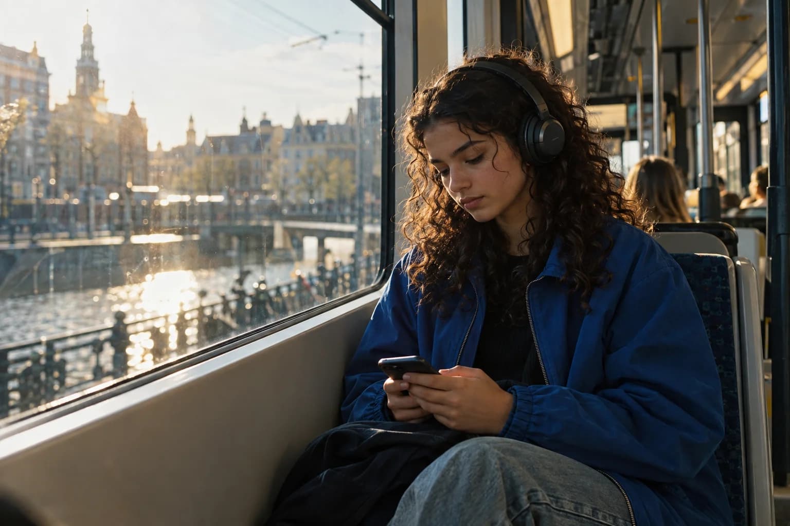 Een leerling leert op haar telefoon onderweg in de tram.
